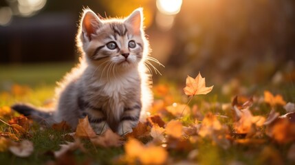 A Cute kitten playing with yellow autumn leaves at sunset. the backyard The background of the photo is a relaxing environment in the backyard.