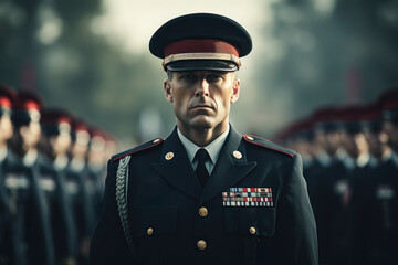 A man in military uniform, standing at attention during a solemn ceremony. Concept of duty and patriotism. Generative Ai.