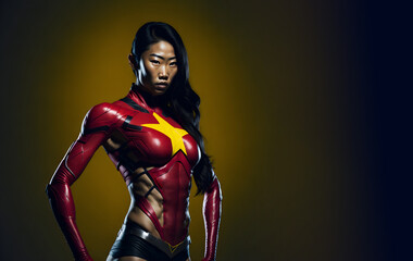 Fototapeta na wymiar Female chinese superhero. Asiatic lady in superhero suit