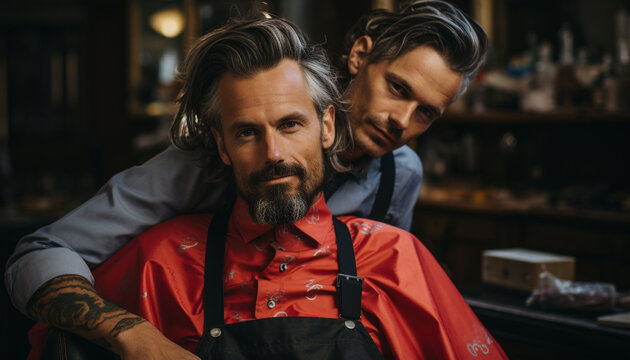 Two young adult males, Caucasian ethnicity, working in a barber shop generated by AI