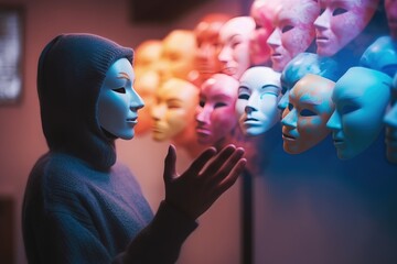 Fake emotion, play a role concept. Character holds masks our face with different emotions. Choice of moods, hiding behind a false mask. Defense and playing to the audience. Psychology.