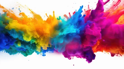 Foto op Canvas Paint Holi, colorful rainbow Holi paint splashes on isolated white background, explosion of colored powder. abstract background. © Phoophinyo