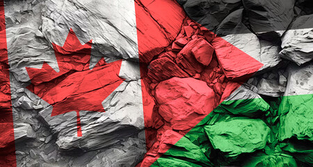 Flags of Canada and Palestine on a rock wall with cracks, stone texture, concept of conflict and confrontation