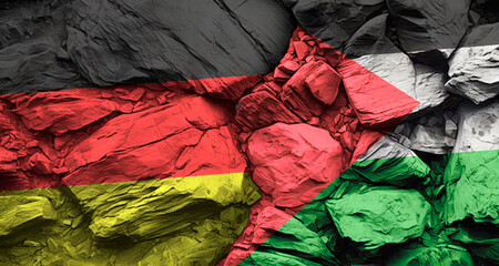 Flags of Germany and Palestine on a rock wall with cracks, stone texture, concept of conflict and confrontation