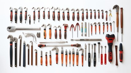 A Tools arranged neatly, isolated white background, PNG,