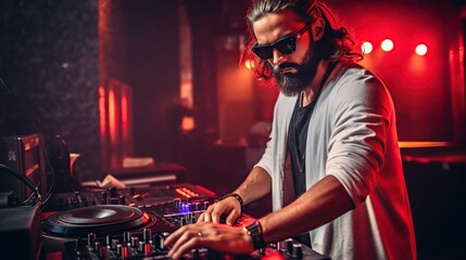 Fototapeta na wymiar cool guy playing DJ at nightclub party lifestyle