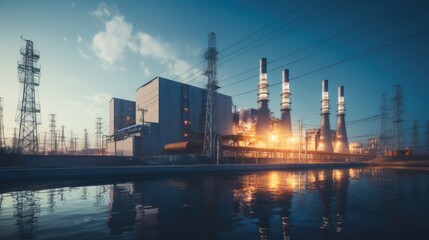 Obraz premium A Main power plants and power generators High voltage poles in power plants Energy and energy saving concepts.