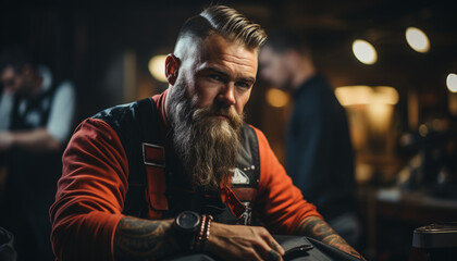 Confident adult businessman sitting indoors, working in a barber shop generated by AI