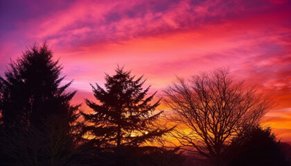 Silhouette tree back lit by multi colored sunset sky beauty generated by AI