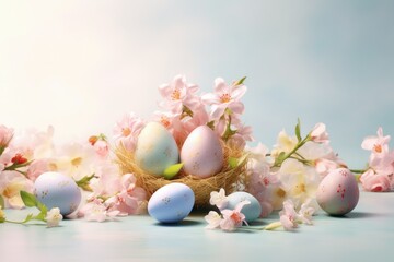 Easter eggs and spring flowers in pink and blue tones. Happy Easter.