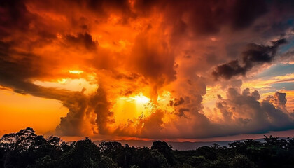 Vibrant sunset sky, backlit tree, idyllic rural mountain landscape beauty generated by AI