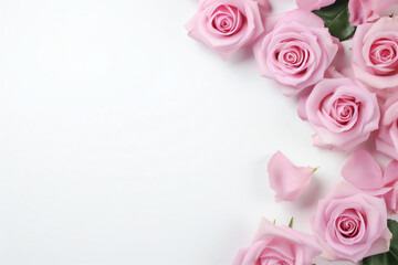 pink roses on a white background. mockup, card or invitation. Flat lay, top view. valentine's day or wedding, generative AI