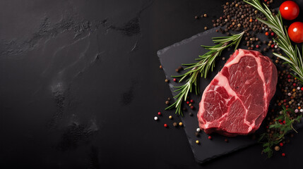 Red meat steaks, fresh raw beef steaks on dark counter table, top view, text copy space, view from above, spices, herbs, seasoning for cooking, grilling on black wooden background. Generative AI