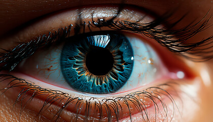 Blue eyed woman staring at camera, close up of beautiful eye generated by AI