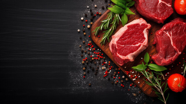 Red Meat Steaks, Fresh Raw Beef Steaks On A Wooden Table, Top View, Text Copy Space, View From Above, Spices, Herbs, Seasoning For Cooking, Grilling On Black Wooden Background. Generative AI