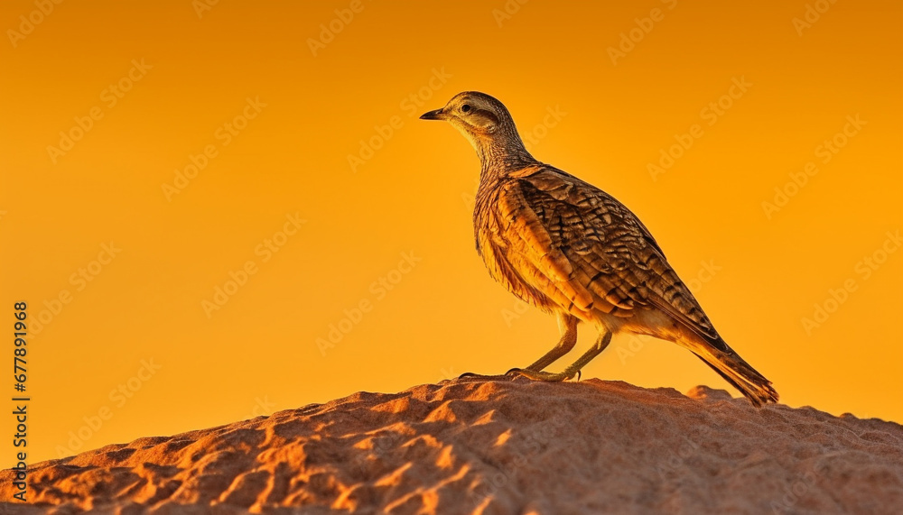 Poster wild hawk perching on sand, back lit by sunset beauty generated by ai