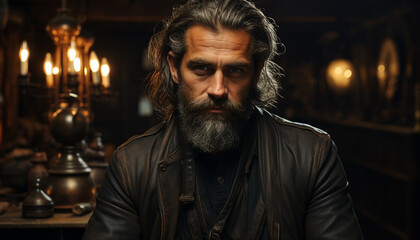 Obraz premium Serious man with beard looking at camera outdoors generated by AI