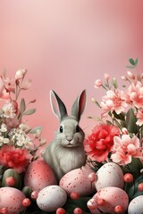Fototapeta na wymiar Easter pink background with cute bunny, Easter eggs and spring flowers. Happy Easter. 