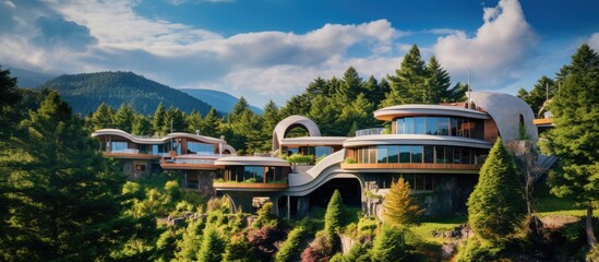 Traveling through the sky surrounded by the breathtaking nature I discovered an art inspired house nestled amidst a stunning landscape with a unique building blending seamlessly into the vi
