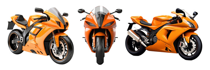 Set of orange sport bike motorcycle isolated on transparent background, side, and top view. Generative AI - obrazy, fototapety, plakaty