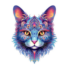 Blue cat head on white background. Vivid color patterns on animal. Tattoo, notebook cover, print concept