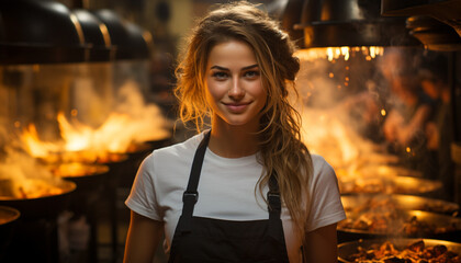 Fototapeta na wymiar Smiling young woman cooking with fire, indoors generated by AI
