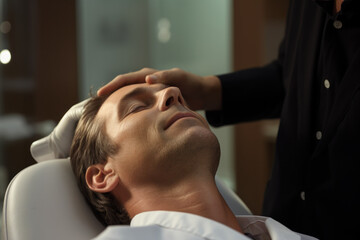 Fototapeta premium A dermatologist examining a patient's scalp, emphasizing the concept of seeking professional advice. Generative Ai.