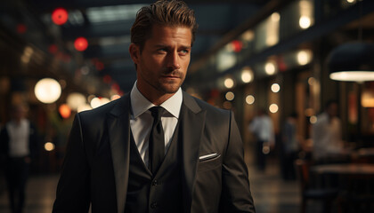 Confident businessman in a suit, outdoors, looking at camera generated by AI