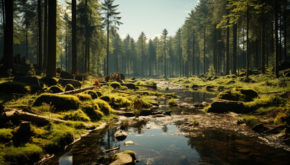 A tranquil scene of a forest with a flowing river generated by AI