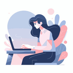 Vector of a girl working on laptop, office-Ai generator	
