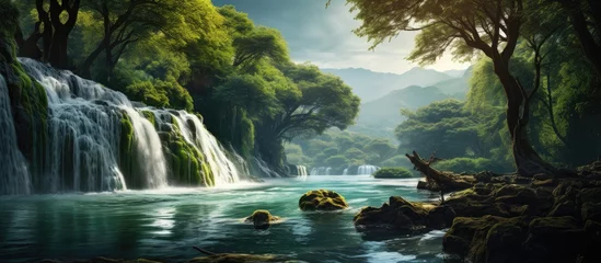 Wandcirkels tuinposter The breathtaking scenery of the majestic waterfall against a lush green forest made for a stunning backdrop as the glistening water flowed gracefully showcasing the beauty and natural sereni © TheWaterMeloonProjec