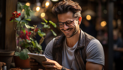 A young adult man sitting outdoors, smiling and using digital technology generated by AI