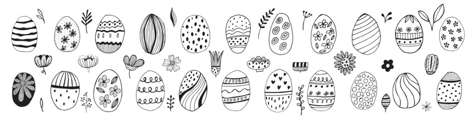 Easter eggs with botanical elements set doodle style. Happy easter hand drawn isolated on white background. Spring holiday. Happy Easter. Vector Illustration.