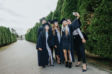 Happy graduates in a park, celebrating their milestones with friends and creating graduation memories in their gowns and caps. Taking selfies while standing together in their graduation uniforms.