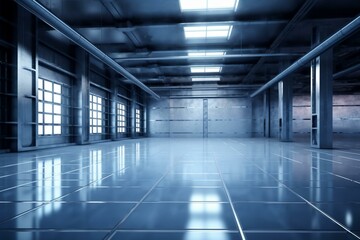 Fototapeta na wymiar Empty digital screen in industrial hall with glossy floor. Generative AI