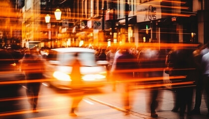 Fototapeta na wymiar Blurred motion of city life, traffic rush hour, transportation crowd generated by AI