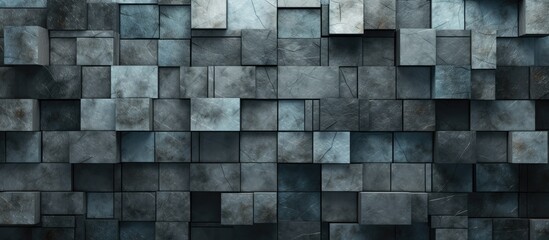 The abstract art piece displayed on the white wall showcases a retro black and grunge pattern using silver bricks as a texture to create a unique background inspired by old architecture