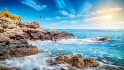Fototapeta na wymiar Tranquil sunset over blue seascape, a perfect summer vacation destination generated by AI