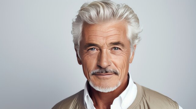 Portrait of a confident 60s 70s mid aged mature man looking at camera on white background. Caucasian bearded aging model man with serious expression. Fashion male older model. Beard style for senior