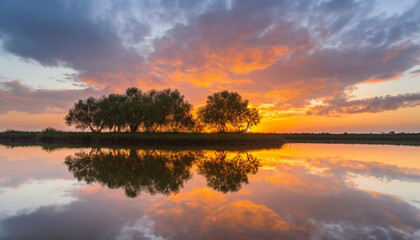 Fototapeta na wymiar Vibrant sunset reflects on tranquil pond, nature beauty showcased generated by AI