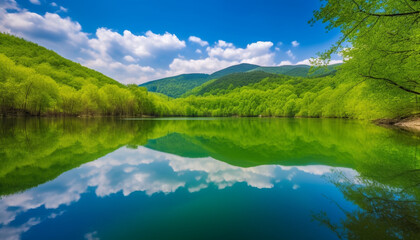 Vibrant green forest reflects on tranquil mountain pond in summer generated by AI