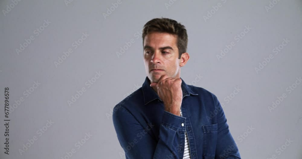 Aufkleber Thinking, inspiration and man with doubt, confused and questions with model on grey studio background. Person, memory or guy with solution, problem solving or planning with mockup space and remember
