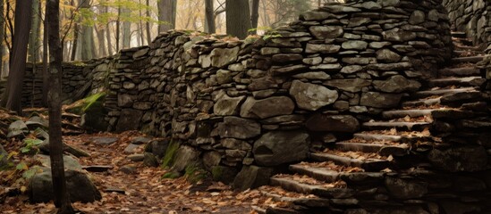The rugged texture of the stone walls old forest created a striking landscape seamlessly blending nature and architecture in New Yorks enchanting scenery as if the construction itself emerge