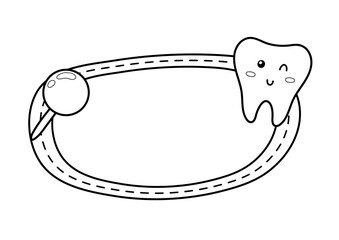 Black and white dental frame with a cute tooth character and a place for a text. Cute design for dentist day in cartoon style. Vector illustration