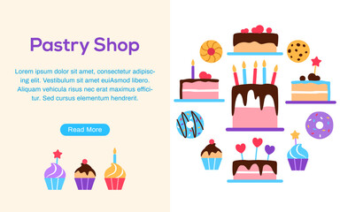 Pastry shop banner flyer brochure template with button and copy space for text. Colorful baked yummy food circle concept design Dessert elements for cafe restaurant web page flat vector illustration.