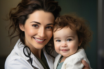 A close up woman doctor in white coat, holding happy child in hospital