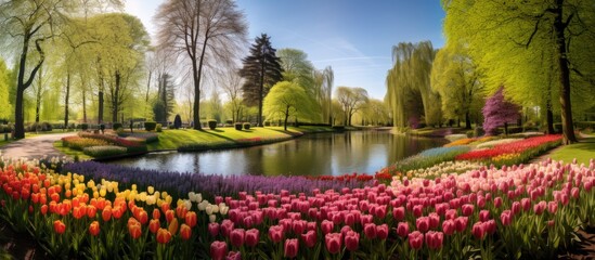 The Keukenhof known for its beautiful landscape and vibrant floral beauty is a stunning garden where colorful flowers of all kinds bloom during the enchanting spring and summer seasons surr