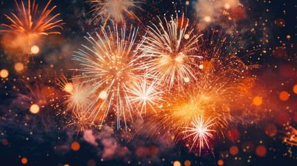 Naklejka premium Happy New Year Fireworks Natural Colors , Background For Banner, HD
