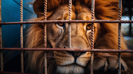 Close-up of a sad lion behind the bars of a cage, zoo, circus, captive animals