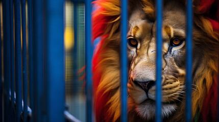 Close-up of a sad lion behind the bars of a cage, zoo, circus, captive animals